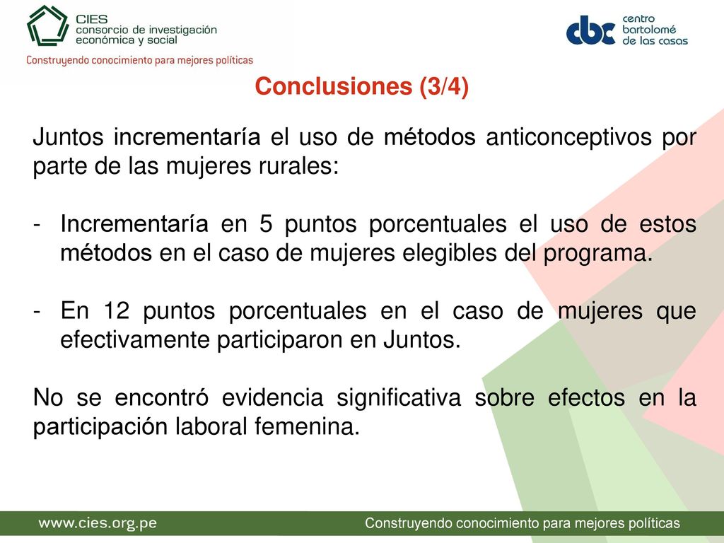 Conclusiones (3/4) Juntos incrementaría el uso de métodos anticonceptivos por parte de las mujeres rurales: