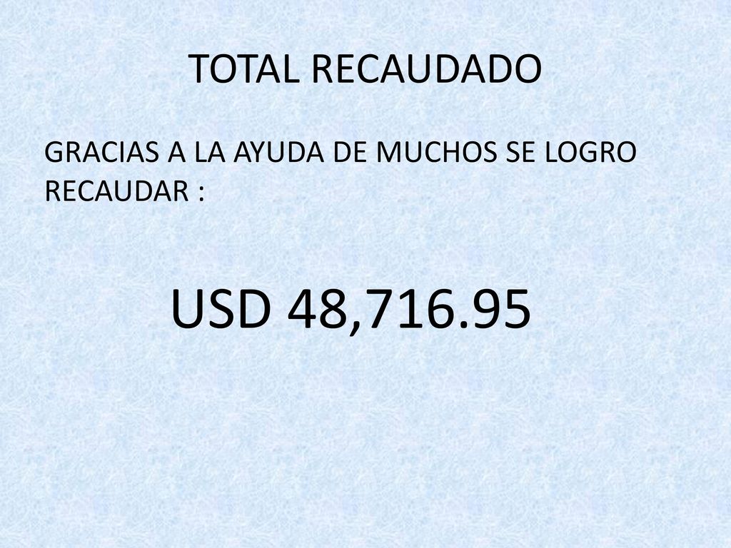 TOTAL RECAUDADO GRACIAS A LA AYUDA DE MUCHOS SE LOGRO RECAUDAR : USD 48,716.95