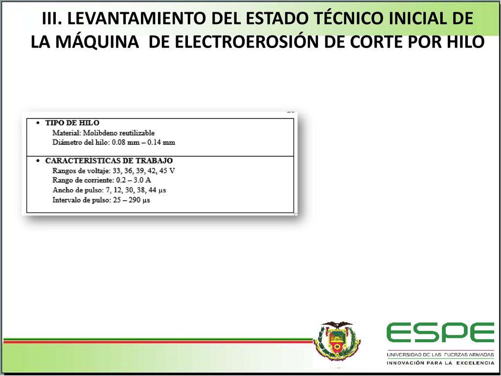 III. LEVANTAMIENTO DEL ESTADO TÉCNICO INICIAL DE LA MÁQUINA DE ELECTROEROSIÓN DE CORTE POR HILO