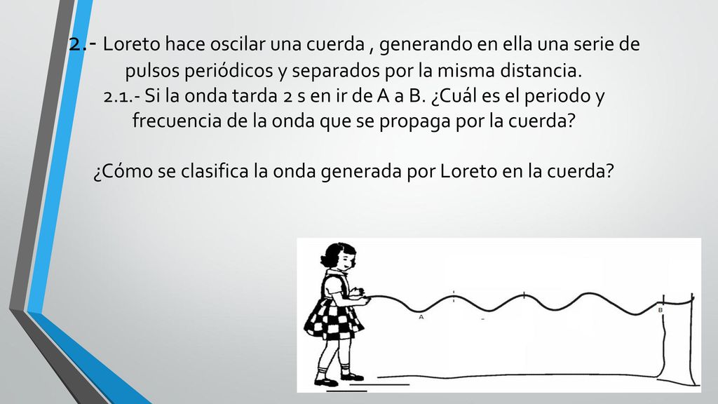 2.- Loreto hace oscilar una cuerda , generando en ella una serie de pulsos periódicos y separados por la misma distancia.