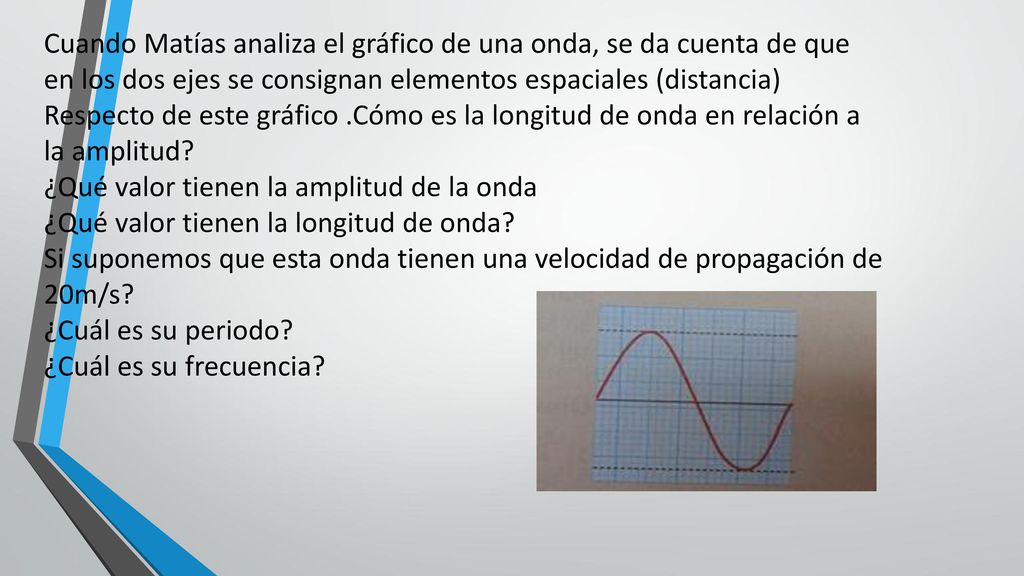 Cuando Matías analiza el gráfico de una onda, se da cuenta de que en los dos ejes se consignan elementos espaciales (distancia)