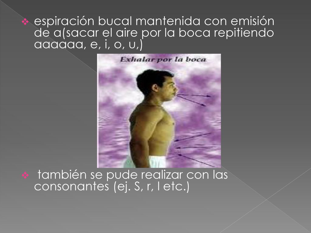 espiración bucal mantenida con emisión de a(sacar el aire por la boca repitiendo aaaaaa, e, i, o, u,)
