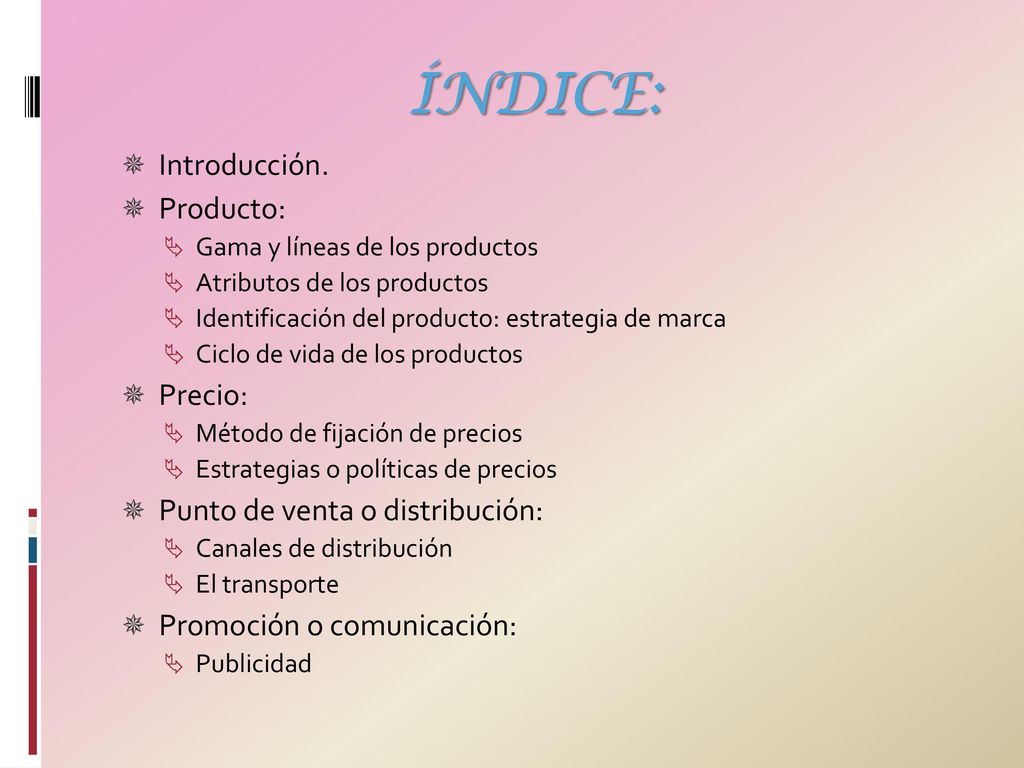 ÍNDICE: Introducción. Producto: Precio: Punto de venta o distribución: