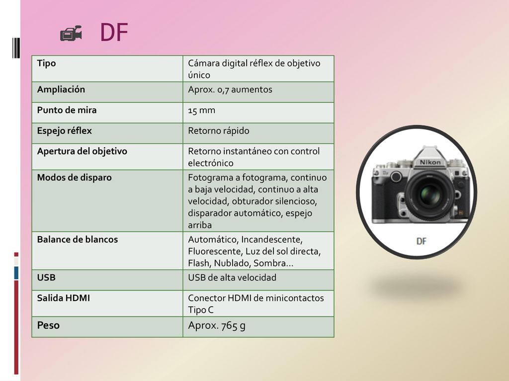 DF Peso Aprox. 765 g Tipo Cámara digital réflex de objetivo único