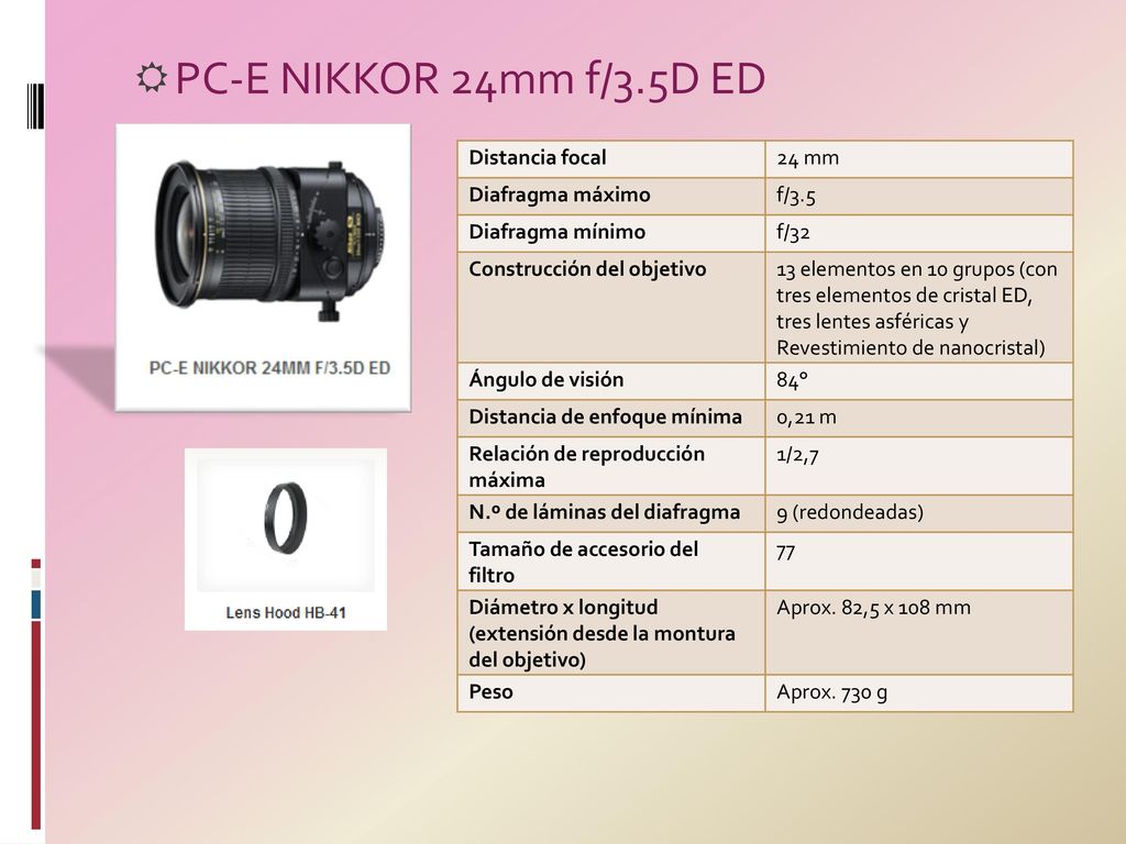 PC-E NIKKOR 24mm f/3.5D ED Distancia focal 24 mm Diafragma máximo