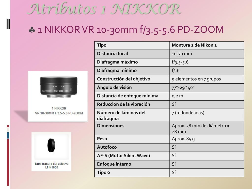 Atributos 1 NIKKOR 1 NIKKOR VR 10-30mm f/ PD-ZOOM Tipo
