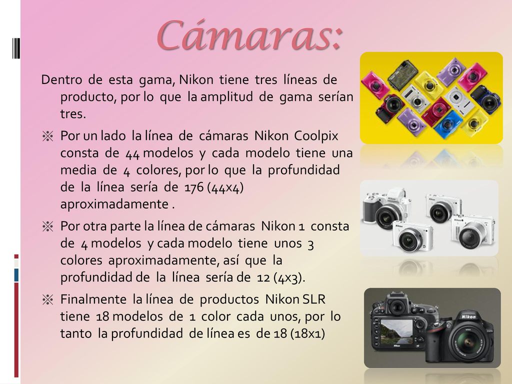 Cámaras: Dentro de esta gama, Nikon tiene tres líneas de producto, por lo que la amplitud de gama serían tres.
