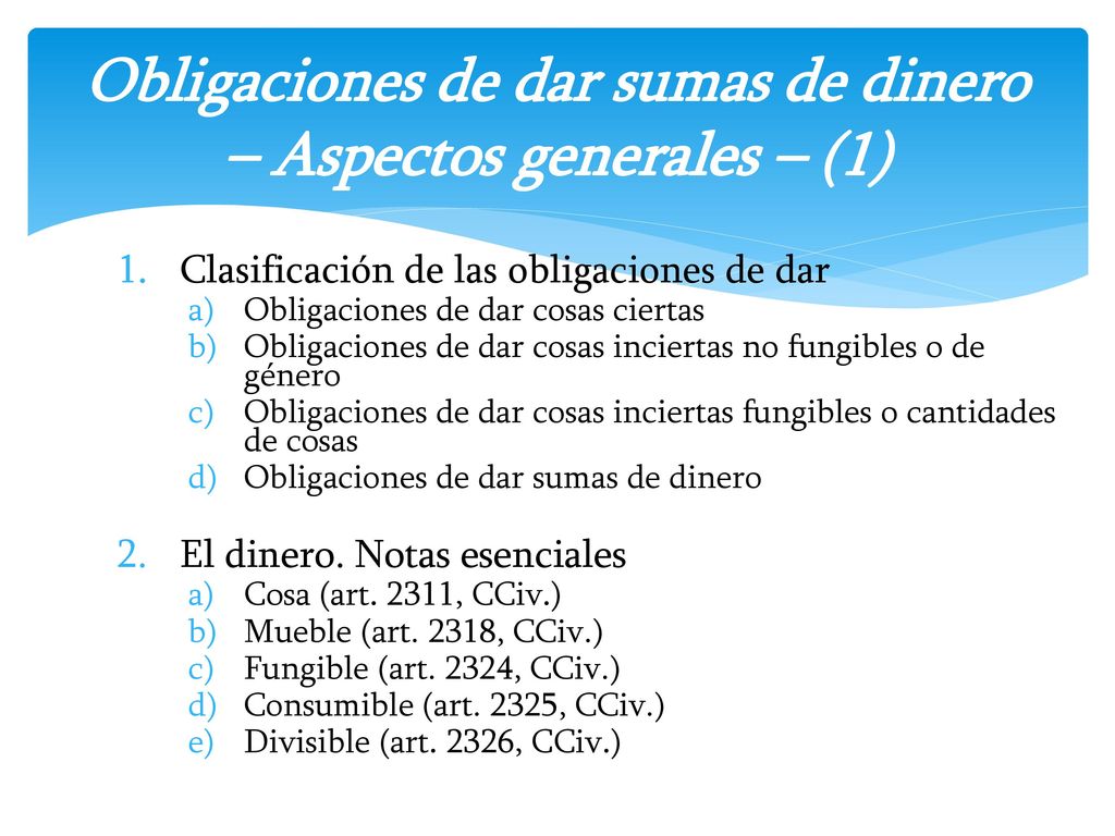 Obligaciones de dar sumas de dinero – Aspectos generales – (1)