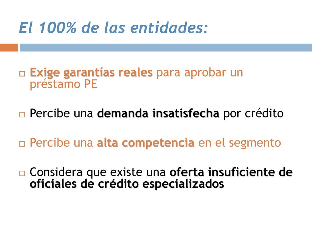 El 100% de las entidades: Exige garantías reales para aprobar un préstamo PE. Percibe una demanda insatisfecha por crédito.