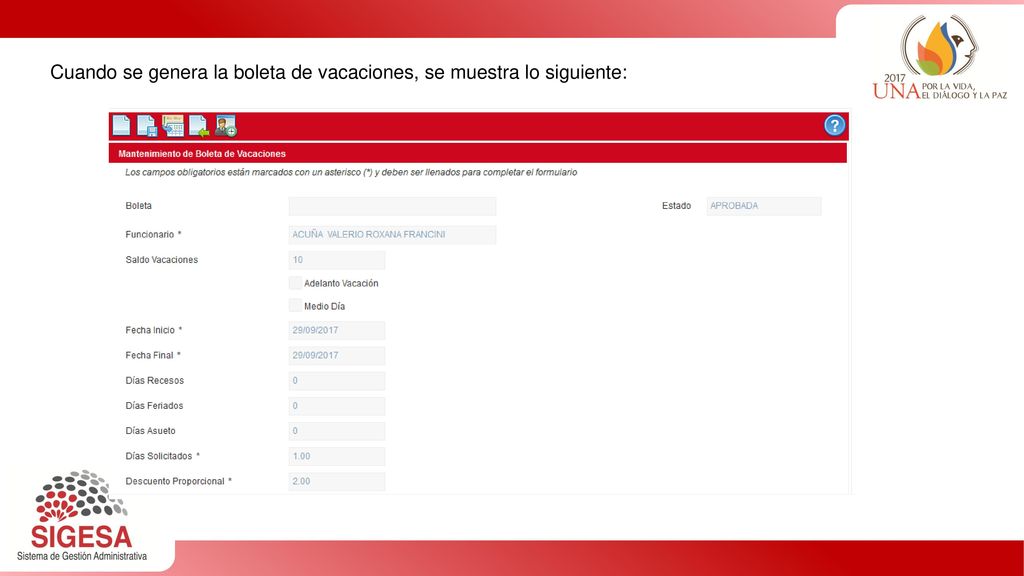 Cuando se genera la boleta de vacaciones, se muestra lo siguiente: