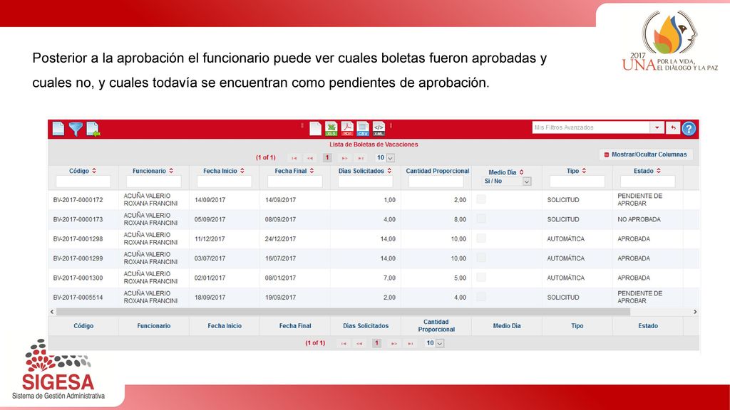 Posterior a la aprobación el funcionario puede ver cuales boletas fueron aprobadas y cuales no, y cuales todavía se encuentran como pendientes de aprobación.