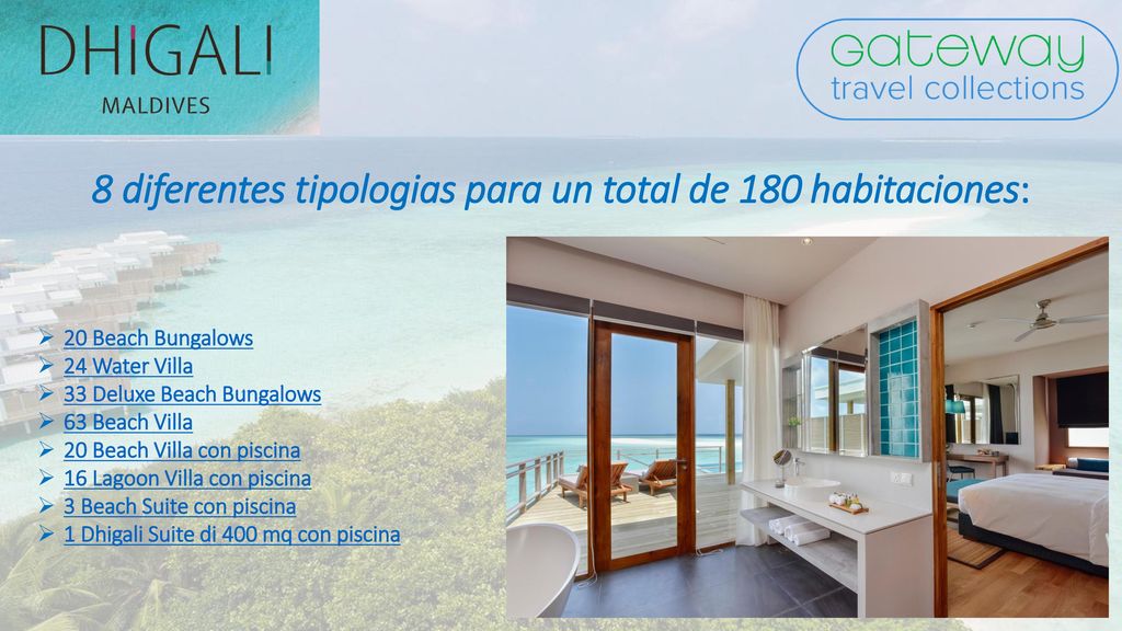 8 diferentes tipologias para un total de 180 habitaciones: