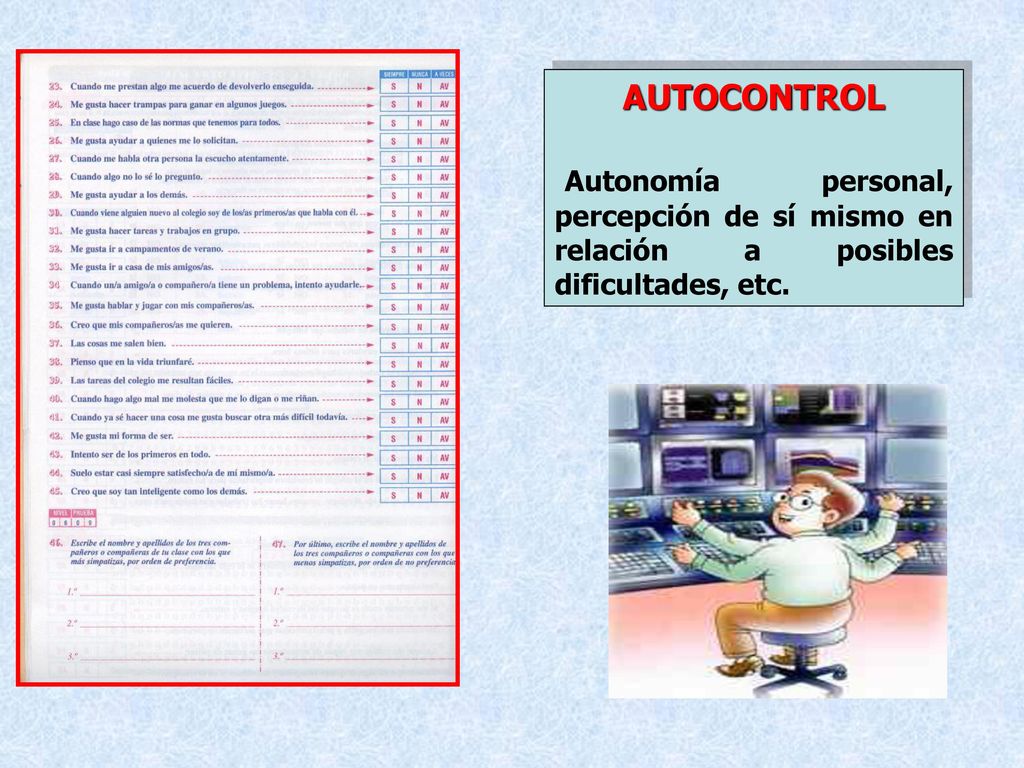 AUTOCONTROL Autonomía personal, percepción de sí mismo en relación a posibles dificultades, etc.