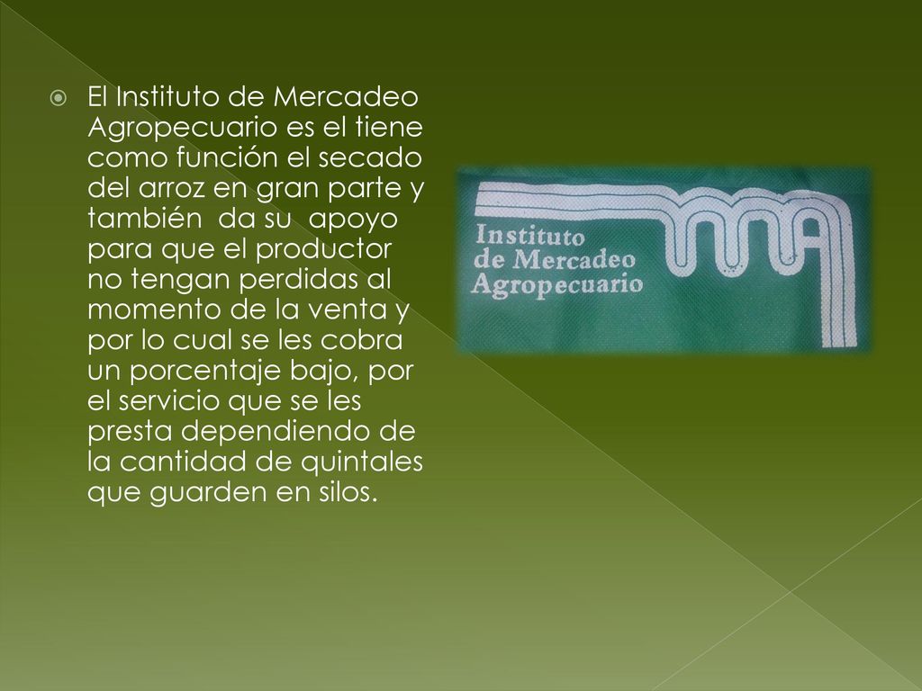 El Instituto de Mercadeo Agropecuario es el tiene como función el secado del arroz en gran parte y también da su apoyo para que el productor no tengan perdidas al momento de la venta y por lo cual se les cobra un porcentaje bajo, por el servicio que se les presta dependiendo de la cantidad de quintales que guarden en silos.