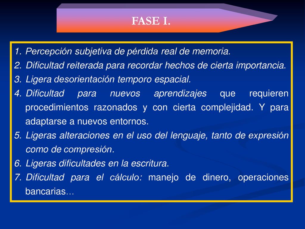 FASE I. Percepción subjetiva de pérdida real de memoria.