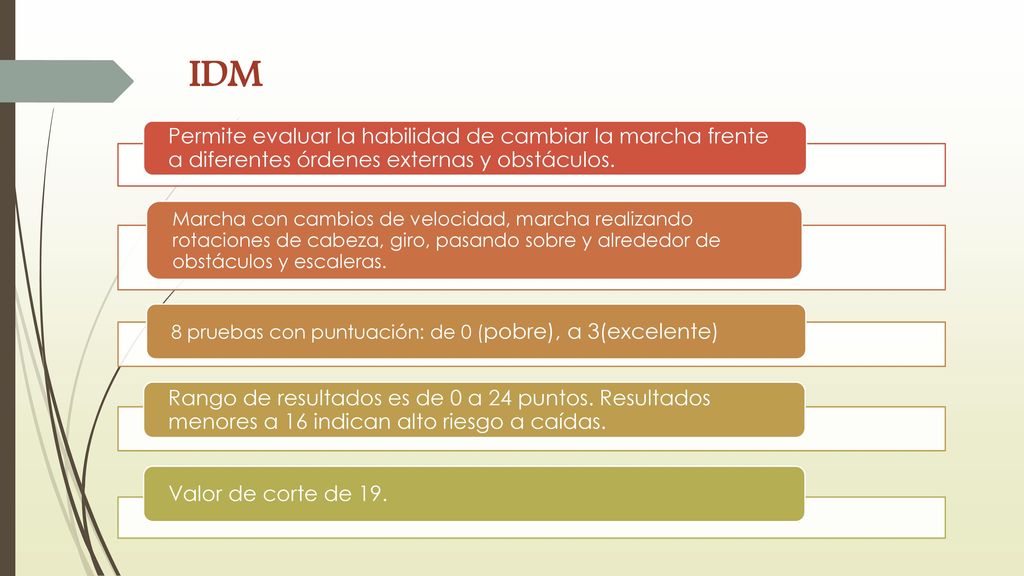 IDM Permite evaluar la habilidad de cambiar la marcha frente a diferentes órdenes externas y obstáculos.