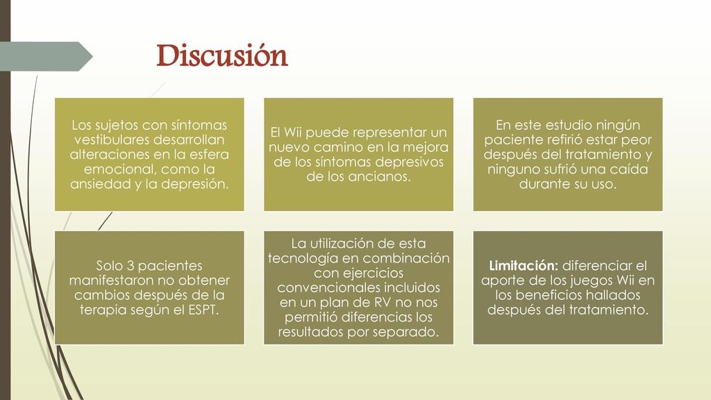 Discusión Los sujetos con síntomas vestibulares desarrollan alteraciones en la esfera emocional, como la ansiedad y la depresión.