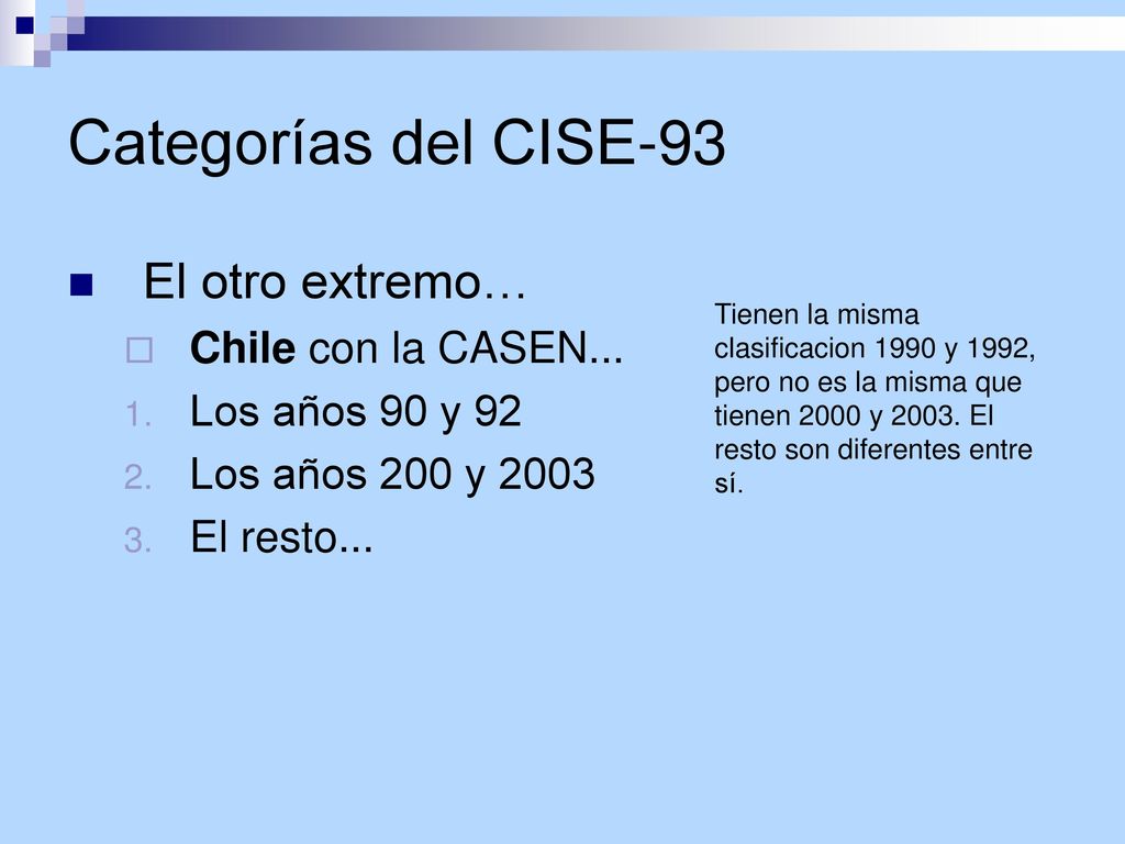 Categorías del CISE-93 El otro extremo… Chile con la CASEN...
