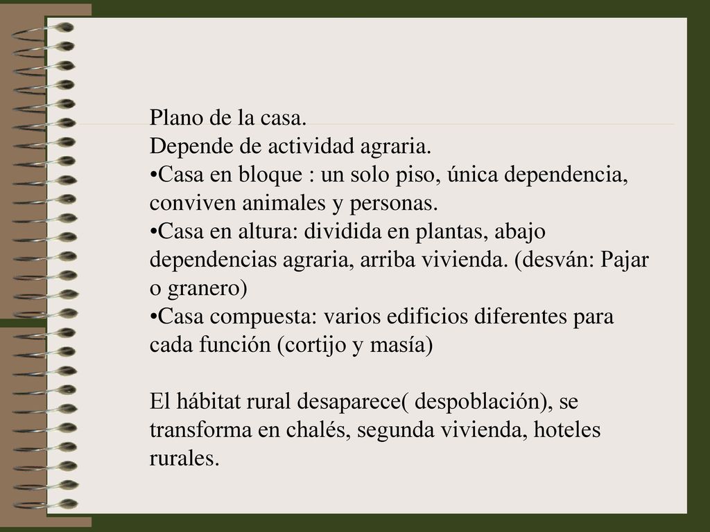 Plano de la casa. Depende de actividad agraria. Casa en bloque : un solo piso, única dependencia, conviven animales y personas.