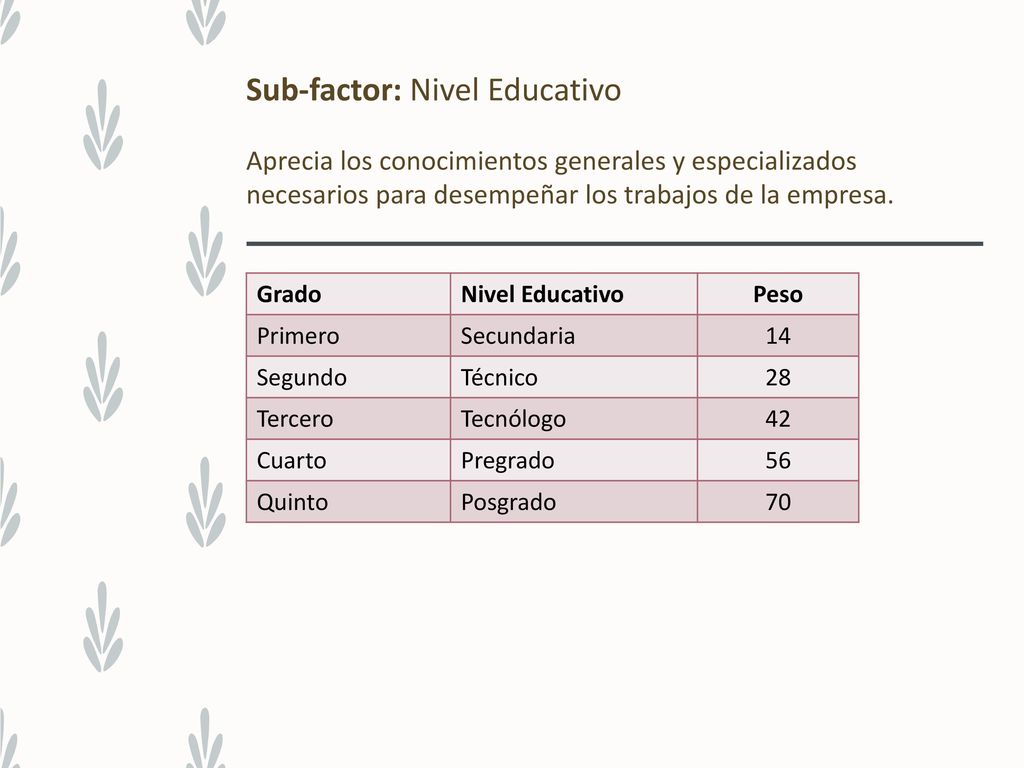 Sub-factor: Nivel Educativo Aprecia los conocimientos generales y especializados necesarios para desempeñar los trabajos de la empresa.