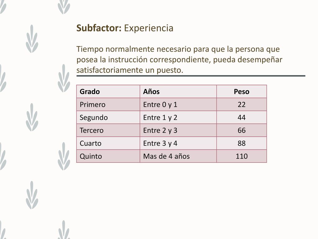 Subfactor: Experiencia Tiempo normalmente necesario para que la persona que posea la instrucción correspondiente, pueda desempeñar satisfactoriamente un puesto.