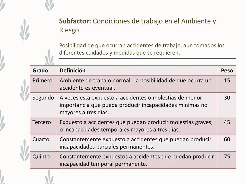 Subfactor: Condiciones de trabajo en el Ambiente y Riesgo