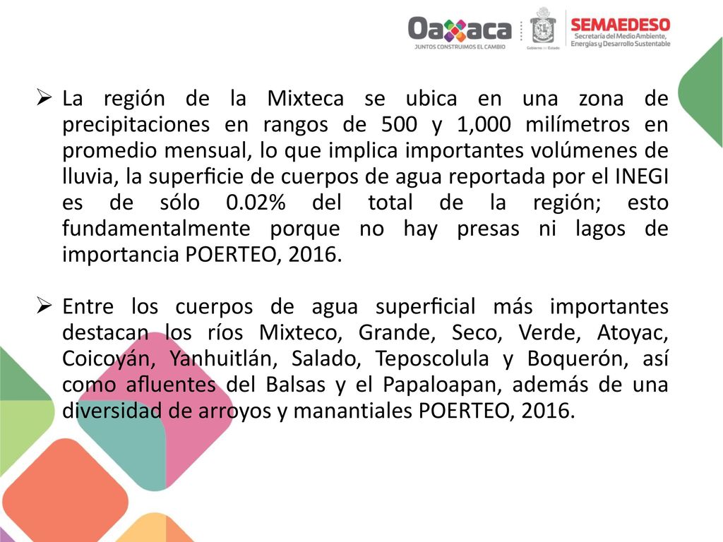 La región de la Mixteca se ubica en una zona de precipitaciones en rangos de 500 y 1,000 milímetros en promedio mensual, lo que implica importantes volúmenes de lluvia, la superﬁcie de cuerpos de agua reportada por el INEGI es de sólo 0.02% del total de la región; esto fundamentalmente porque no hay presas ni lagos de importancia POERTEO, 2016.