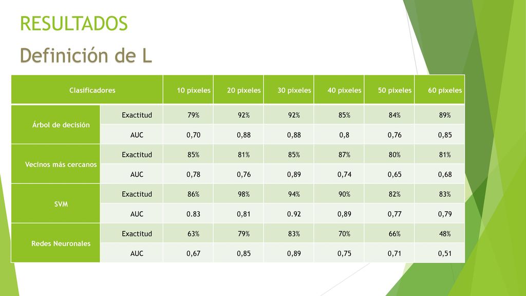 RESULTADOS Definición de L Clasificadores 10 píxeles 20 pixeles