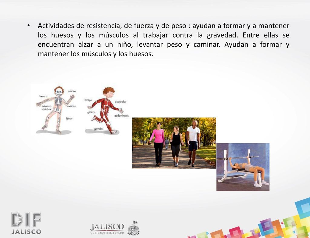 Actividades de resistencia, de fuerza y de peso : ayudan a formar y a mantener los huesos y los músculos al trabajar contra la gravedad.