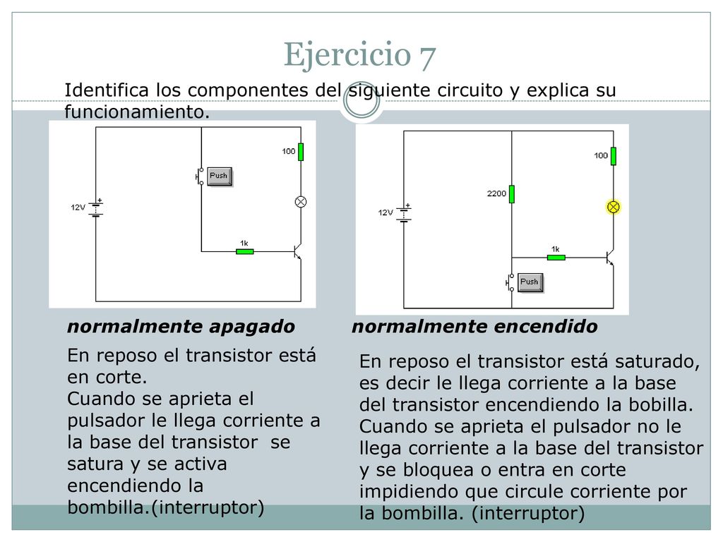 Ejercicio 7 Identifica los componentes del siguiente circuito y explica su funcionamiento. normalmente apagado.