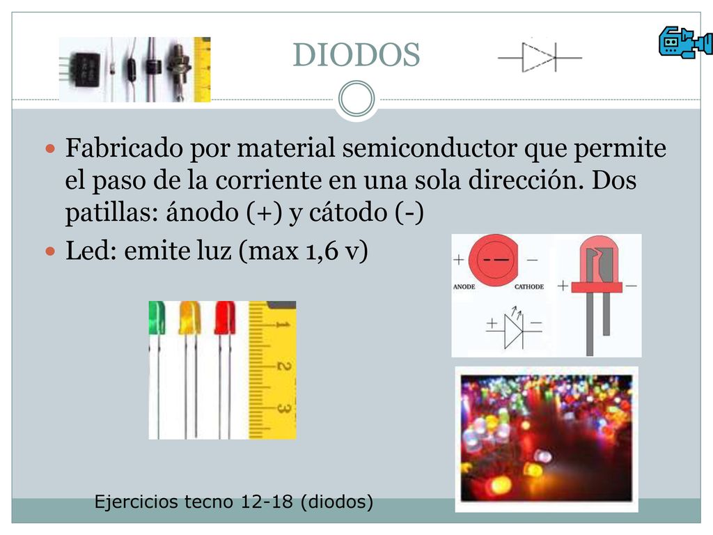 DIODOS Fabricado por material semiconductor que permite el paso de la corriente en una sola dirección. Dos patillas: ánodo (+) y cátodo (-)