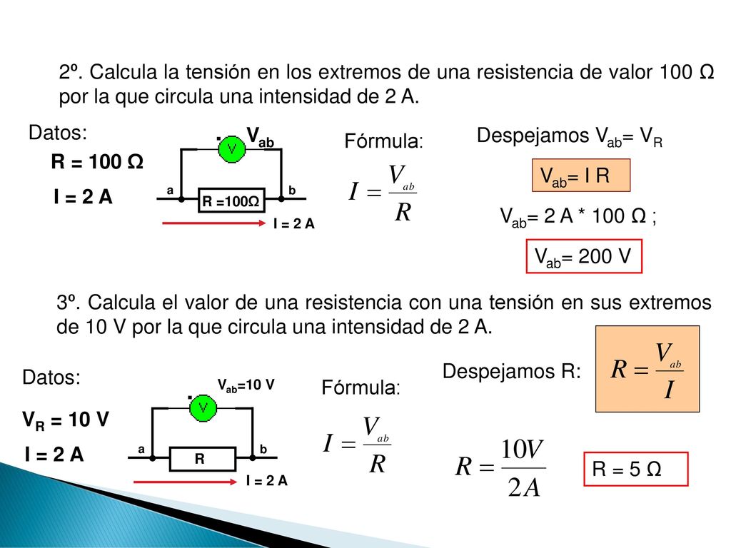 2º. Calcula la tensión en los extremos de una resistencia de valor 100 Ω por la que circula una intensidad de 2 A.