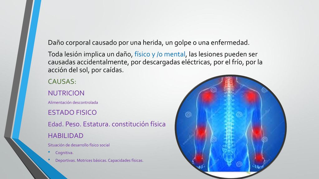 Daño corporal causado por una herida, un golpe o una enfermedad.