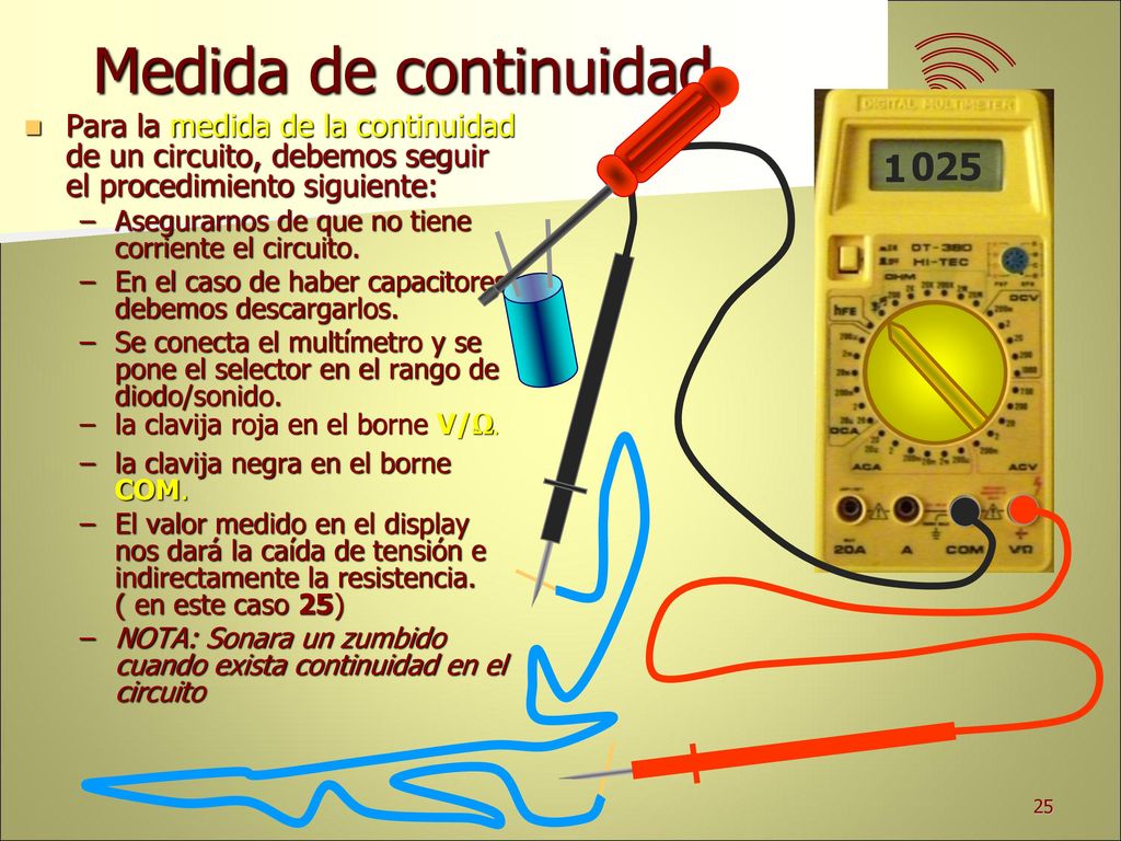 Medida de continuidad Para la medida de la continuidad de un circuito, debemos seguir el procedimiento siguiente: