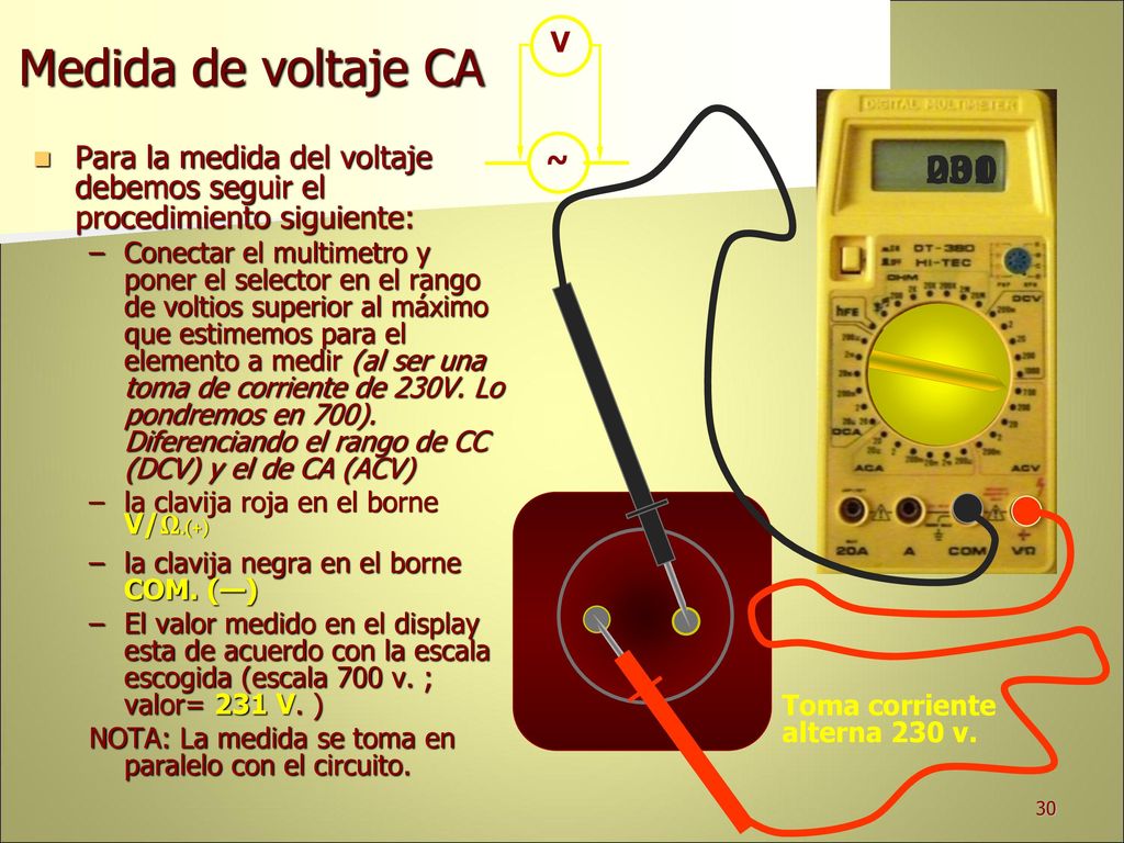 V ~ Medida de voltaje CA. Para la medida del voltaje debemos seguir el procedimiento siguiente: