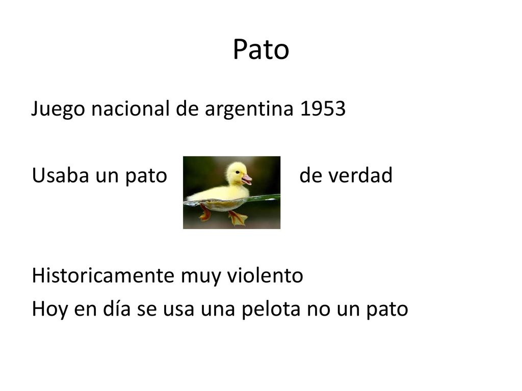 Pato Juego nacional de argentina 1953 Usaba un pato de verdad Historicamente muy violento Hoy en día se usa una pelota no un pato