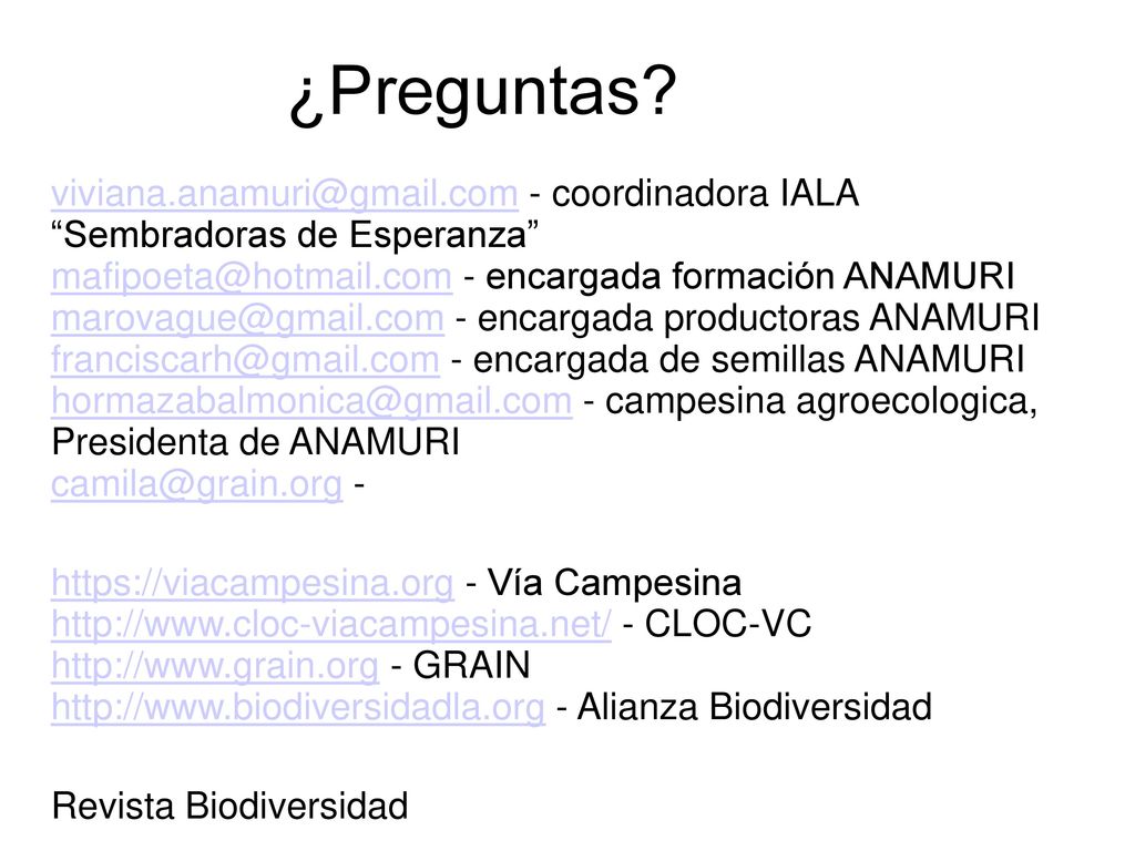 ¿Preguntas - coordinadora IALA Sembradoras de Esperanza - encargada formación ANAMURI.