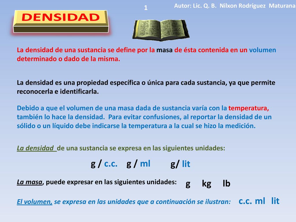 DENSIDAD g / c.c. g / ml g/ lit g kg lb c.c. ml lit 1
