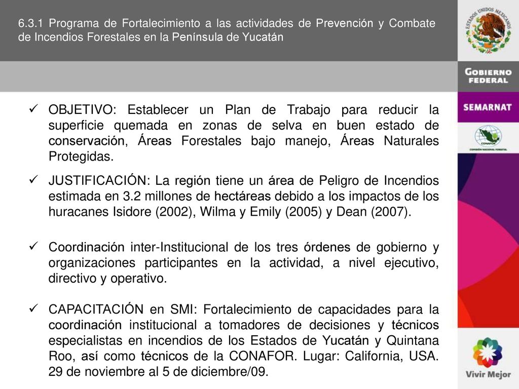 6.3.1 Programa de Fortalecimiento a las actividades de Prevención y Combate de Incendios Forestales en la Península de Yucatán