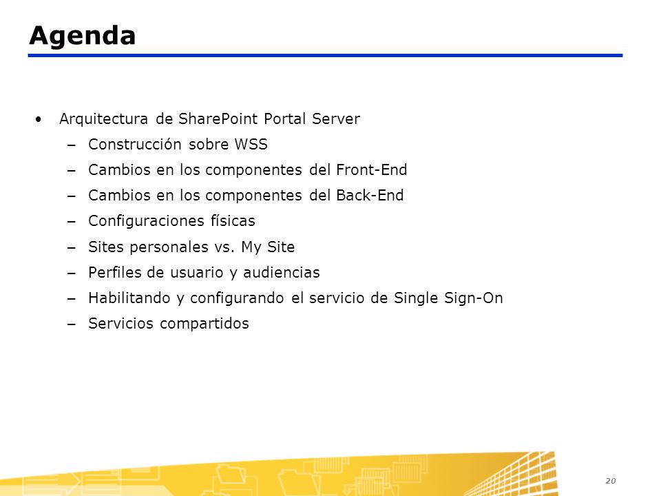 Agenda Arquitectura de SharePoint Portal Server Construcción sobre WSS