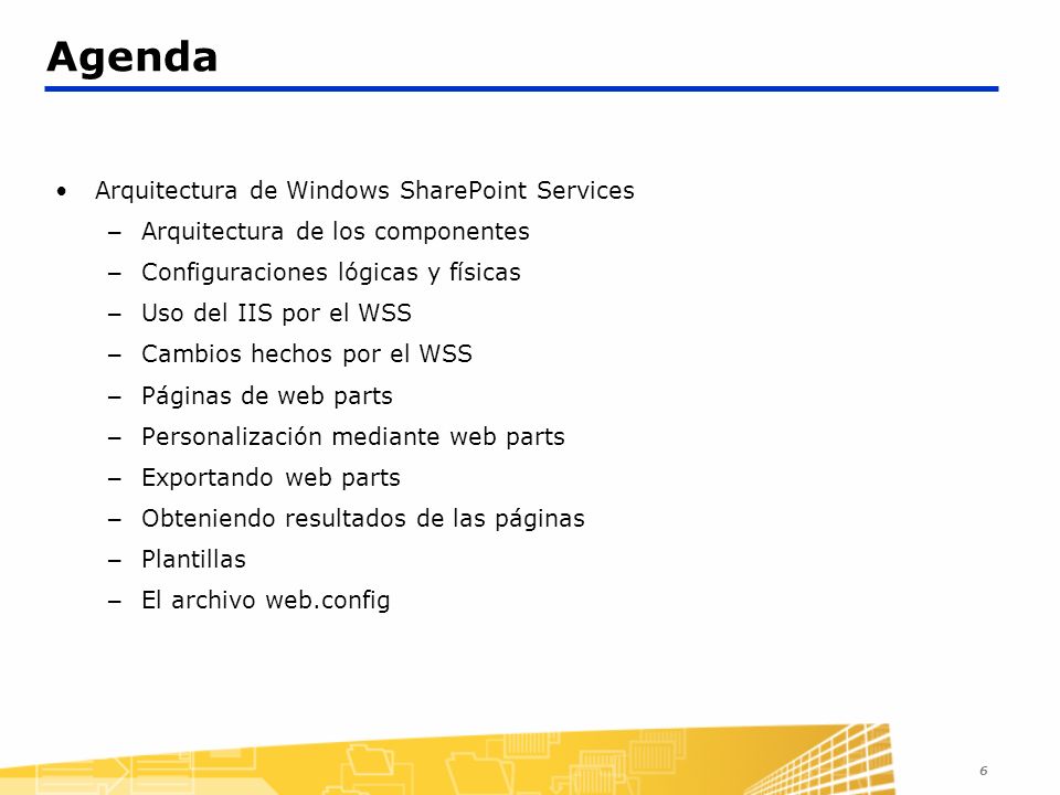 Agenda Arquitectura de Windows SharePoint Services