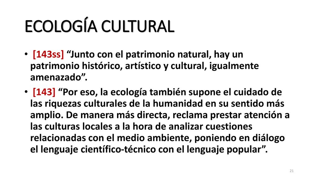 ECOLOGÍA CULTURAL [143ss] Junto con el patrimonio natural, hay un patrimonio histórico, artístico y cultural, igualmente amenazado .