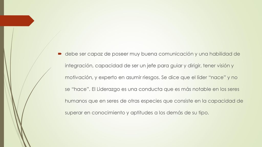 debe ser capaz de poseer muy buena comunicación y una habilidad de integración, capacidad de ser un jefe para guiar y dirigir, tener visión y motivación, y experto en asumir riesgos.