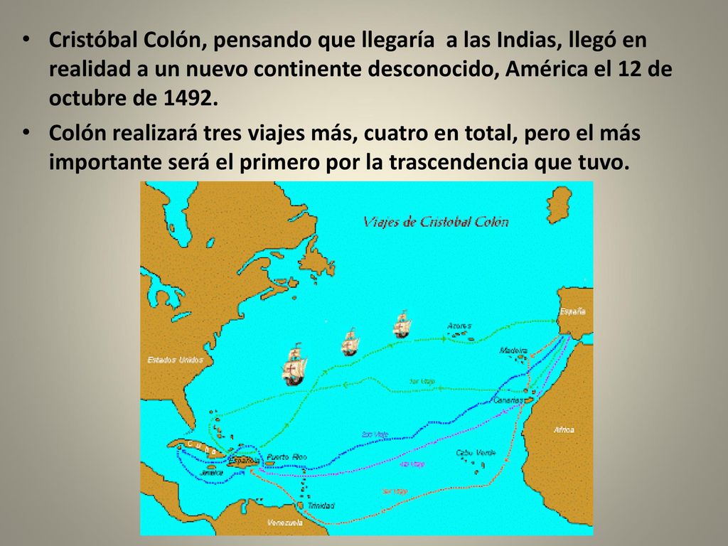 Cristóbal Colón, pensando que llegaría a las Indias, llegó en realidad a un nuevo continente desconocido, América el 12 de octubre de 1492.