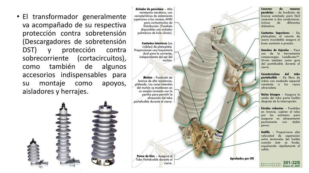 El transformador generalmente va acompañado de su respectiva protección contra sobretensión (Descargadores de sobretensión DST) y protección contra sobrecorriente (cortacircuitos), como también de algunos accesorios indispensables para su montaje como apoyos, aisladores y herrajes.