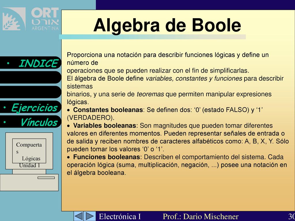 Algebra de Boole Proporciona una notación para describir funciones lógicas y define un número de.
