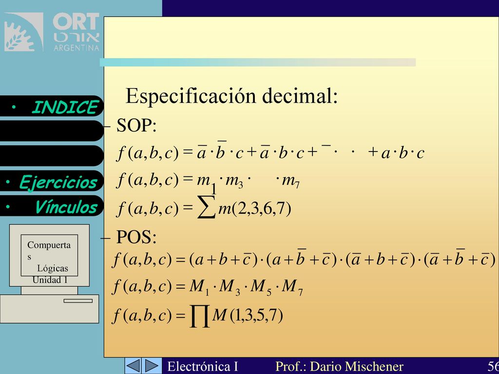 å Especificación decimal: SOP: POS: f ( a , b , c ) = a × b × c + a ×