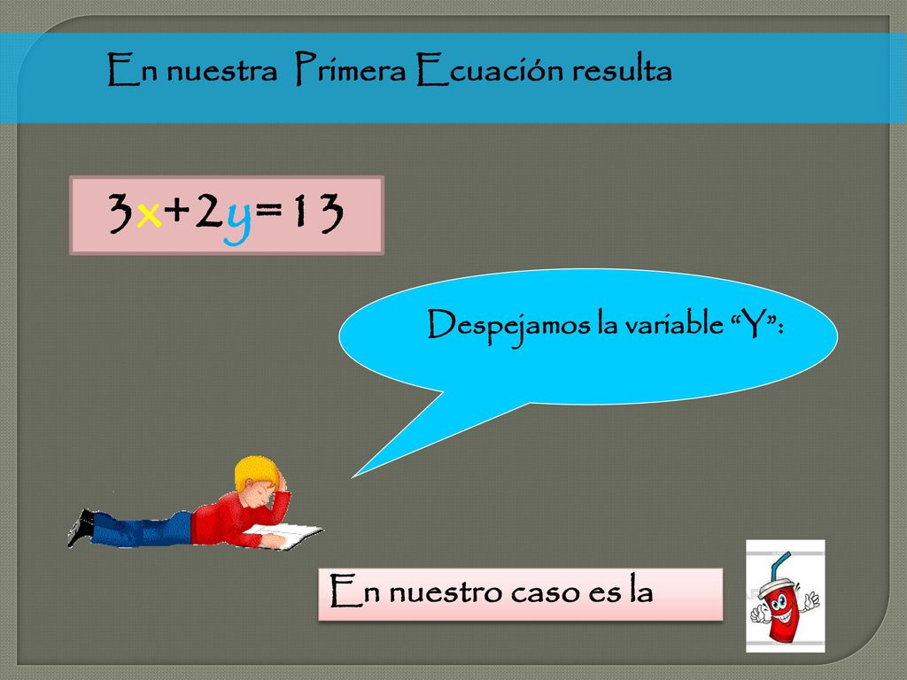 3x+2y=13 En nuestra Primera Ecuación resulta En nuestro caso es la