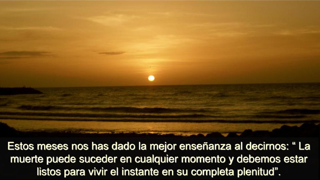 Estos meses nos has dado la mejor enseñanza al decirnos: La muerte puede suceder en cualquier momento y debemos estar listos para vivir el instante en su completa plenitud .