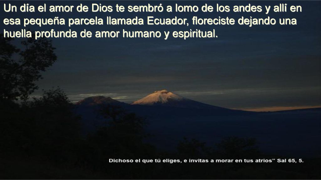 Un día el amor de Dios te sembró a lomo de los andes y allí en esa pequeña parcela llamada Ecuador, floreciste dejando una huella profunda de amor humano y espiritual.